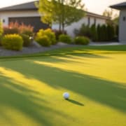 Outdoor putting green with synthetic turf and golf ball in yard.