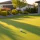 Outdoor putting green with synthetic turf and golf ball in yard.